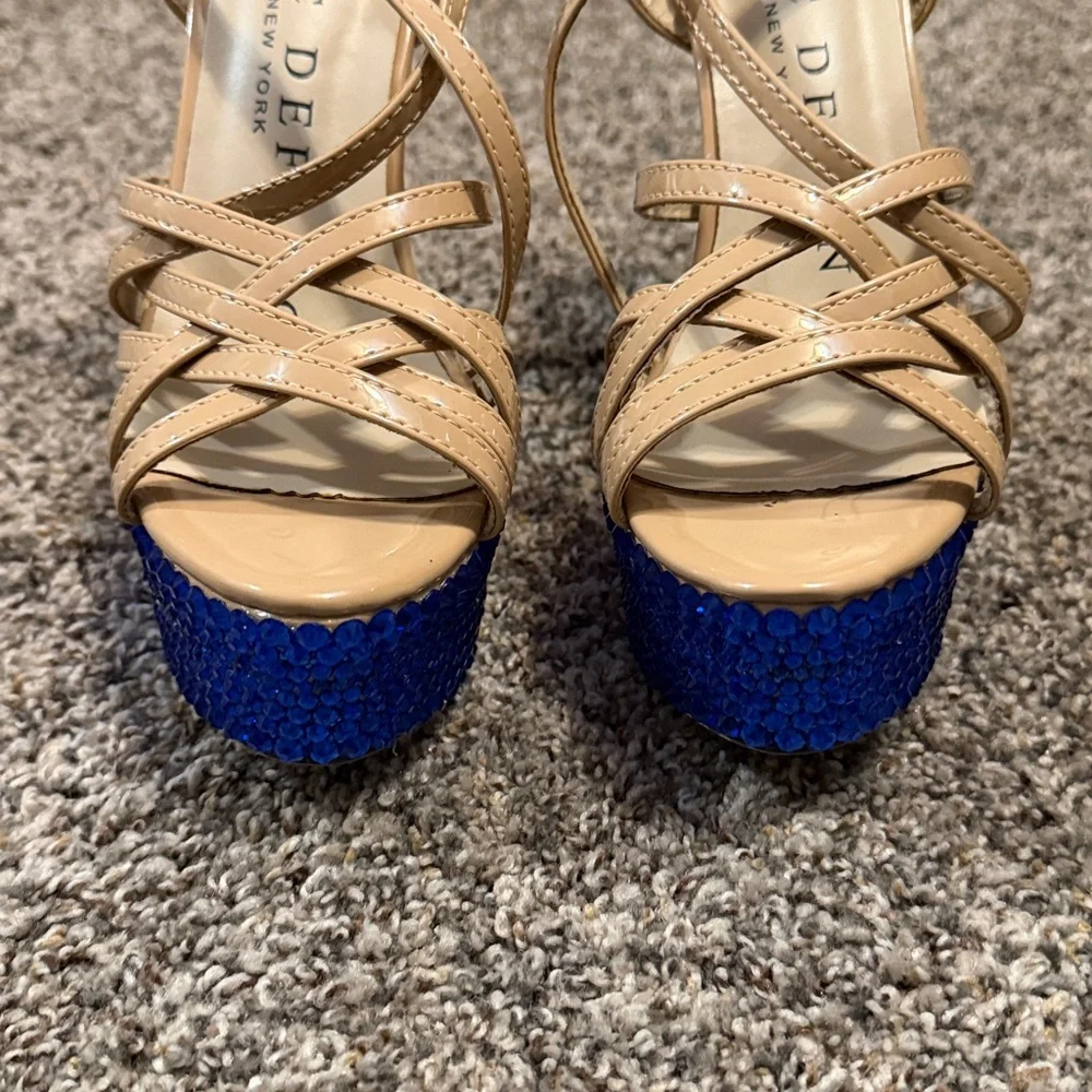 Marc Defang Tan and Blue Rhinestone Women's Heels Size 7